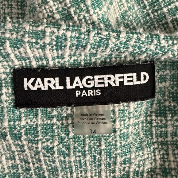 Karl Lagerfeld Paris Women Sz 14 Green Tweed Puff Sleeve Ruffle Hem Sheath Dress - Picture 6 of 8